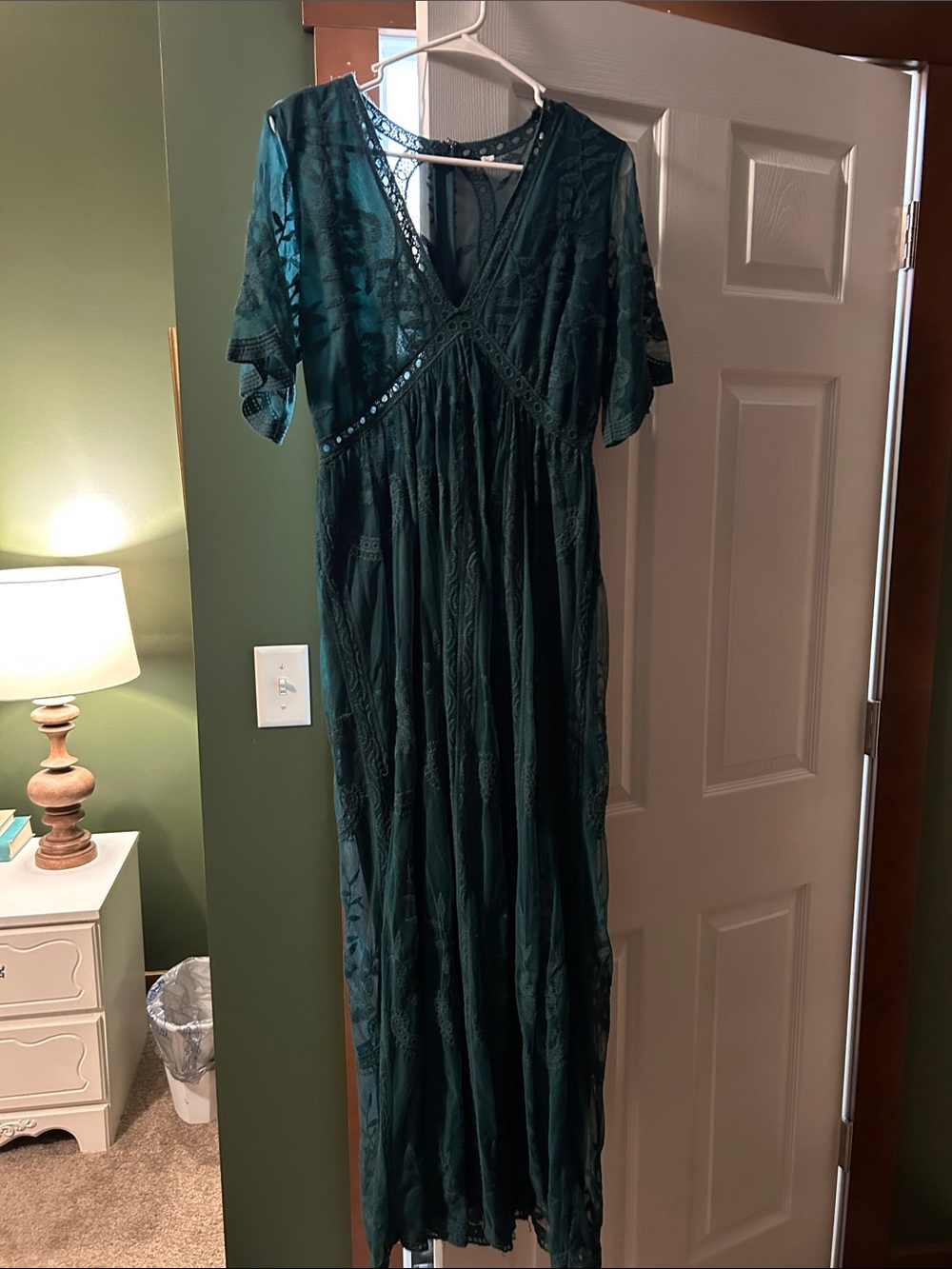 Teal Green Lace Maxi Dress with V-Neck